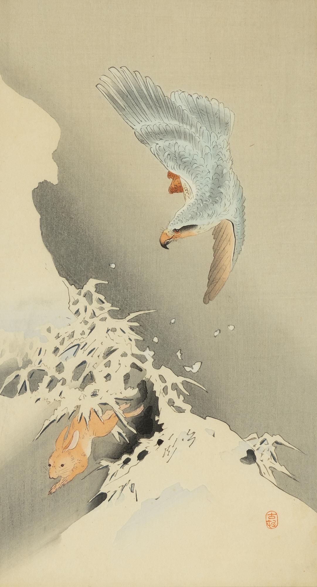 Ohara Koson, 'Örn som jagar hare'.