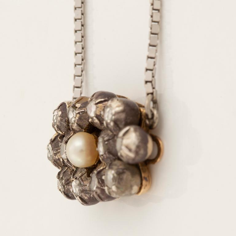 Pearl and rose cut diamond pendant, with chain.