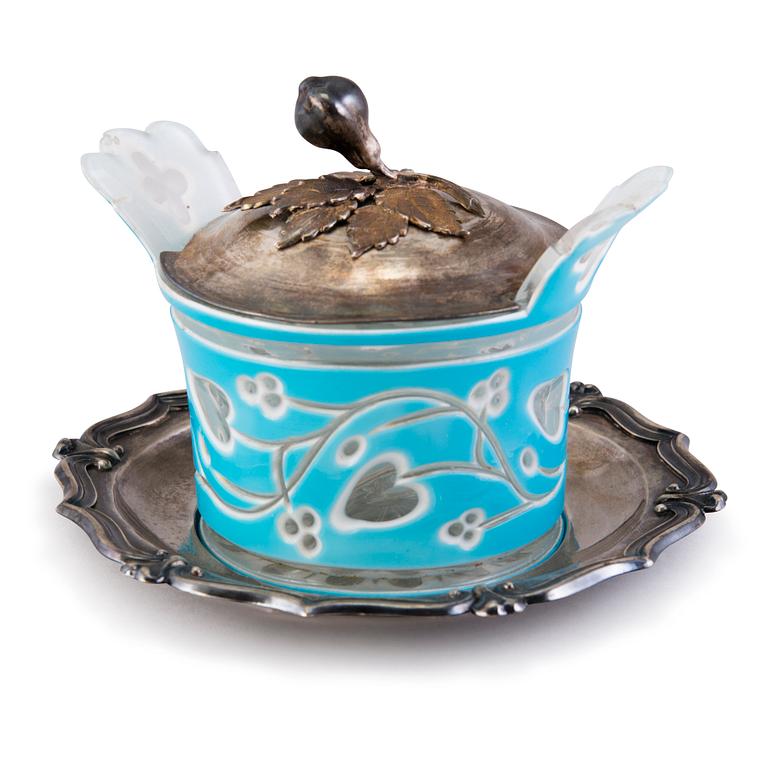 A RUSSIAN SILVER AND GLASS BUTTER DISH, Carl Gustav Ekqvist, Saint Petersburg, 1850s.