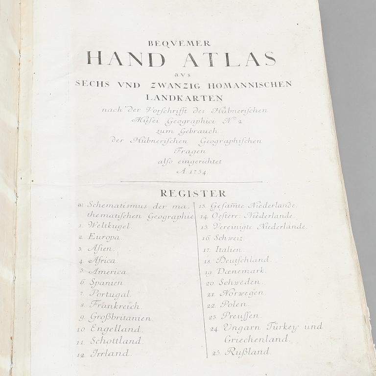 HEIRS HOMANN, kartbok med 26 kartor, "Beqvemer Hand Atlas..Landkarten", Nürnberg 1754, kartor daterade 1736-51.