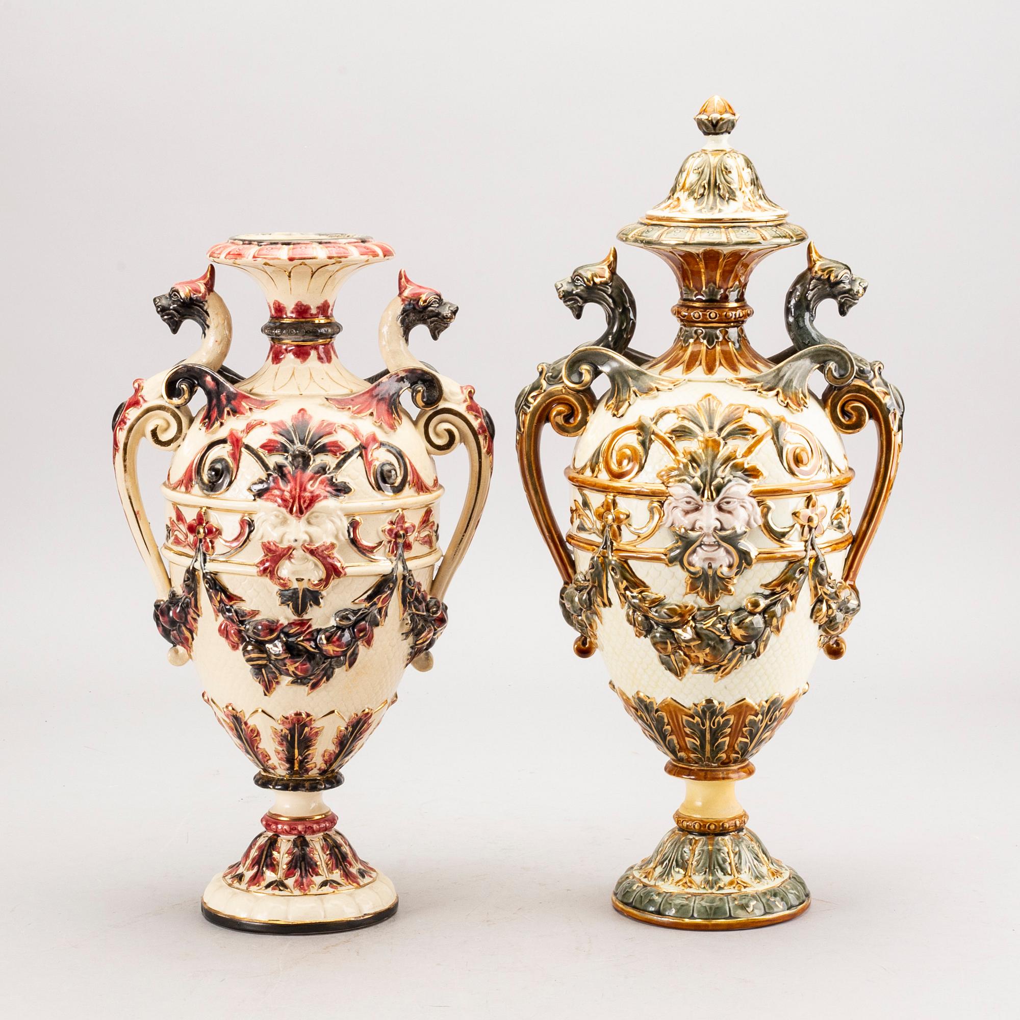 A set of two Rörstrand majolica urns around 1900.