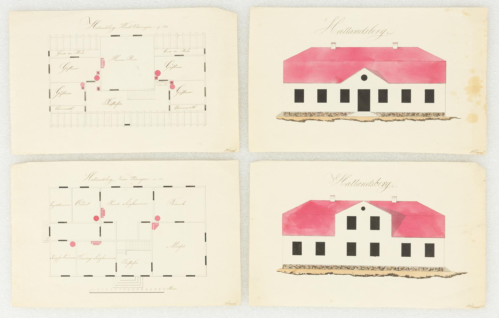 Drawings for manor house, 4 pieces, 18th century, "Hallandsberg".