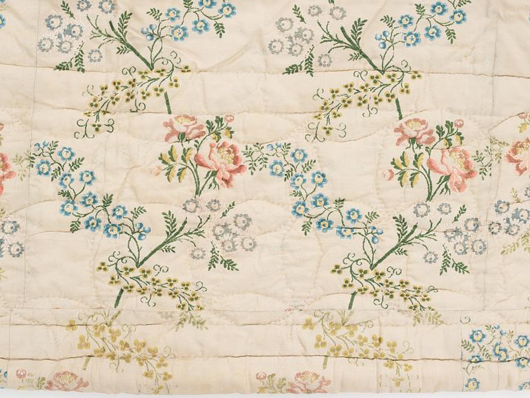 A SILK BED COVER, quilted, ca 192-193 x 164-170 cm, probably Sweden 18th century.