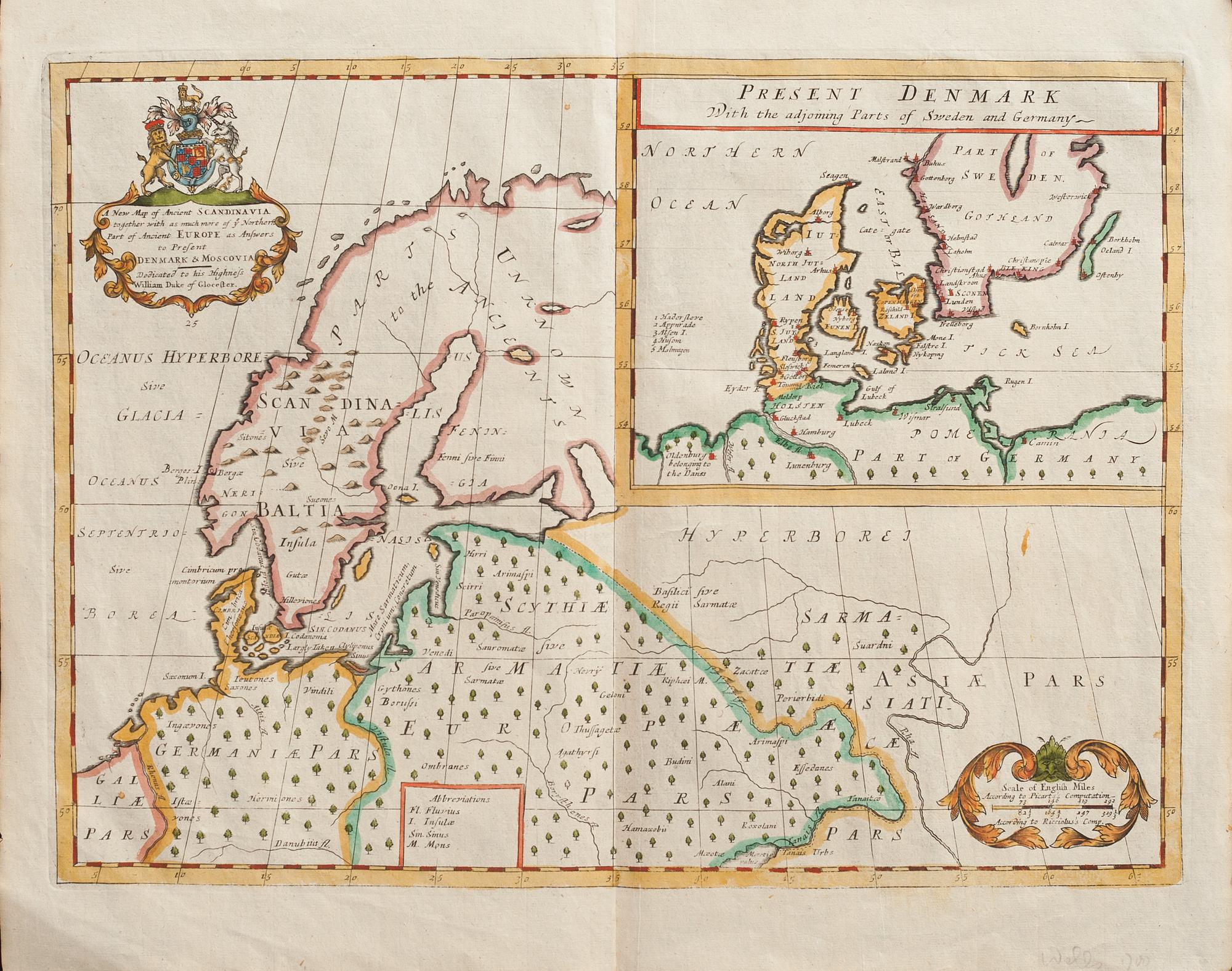 KARTA, handkolorerad, "A new map of  Ancinet Scandinavia"Dedicated to his Highnefs William Duke of  Clocester", 1700-tal.