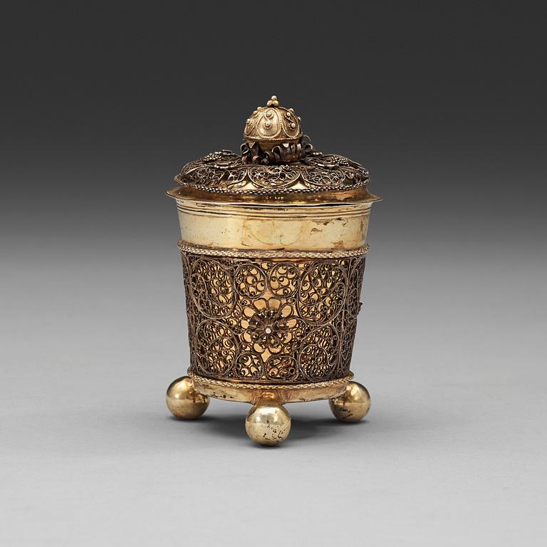 A Swedish late 17th century parcel-gilt and filigree beaker and cover, marks of Johan Friedrich Straub, Karlstad.