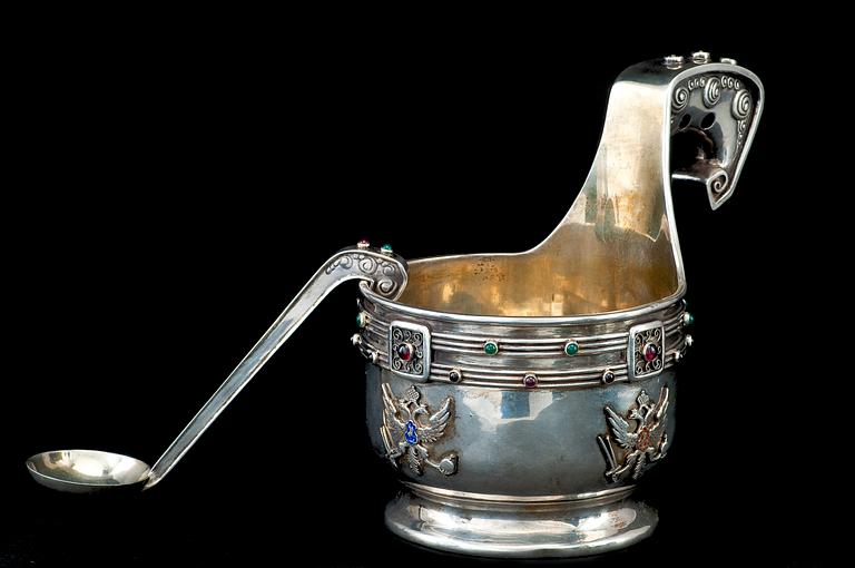 A FABERGÉ SILVER KOVSCH WITH LADLE.