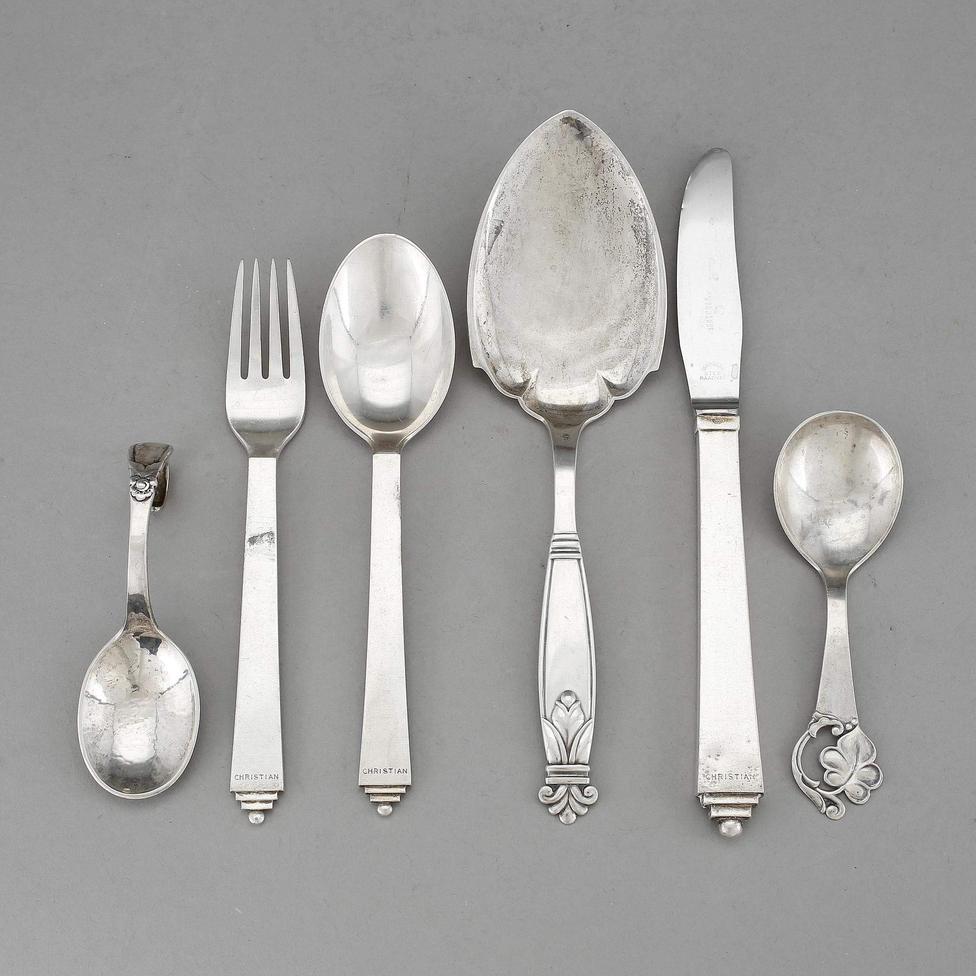 PARTI BESTICK, silver, 6 delar, bl.a. 3 delar sterling, "Pyramid", Harald Nielsen, Georg Jensen, 1945-77. Vikt 250 g.