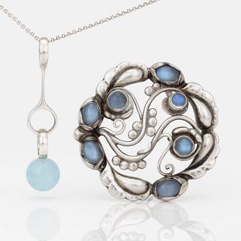 GEORG JENSEN, a 'Heritage' brooch with moonstones and a 'Sphere' necklace with aquamarine by Regitze Overgaard, silver.