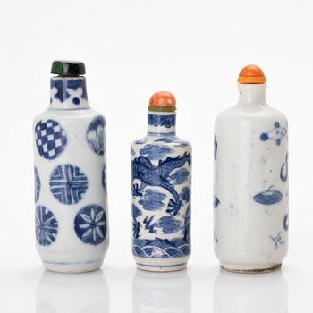 Snuff bottles, 3, porcelain, China, early 20th century.
