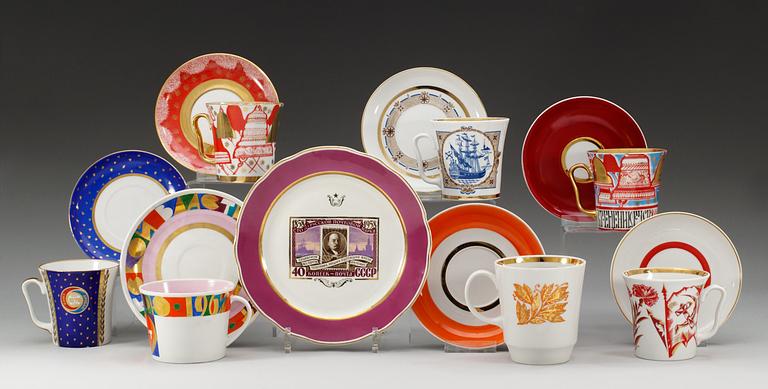 A set of seven Russian commemorative cups with saucers and a dinner plate, 20th Century. Some Lomonosov.