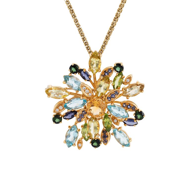 Hänge/brosch 18K guld med fasettslipade ädelstenar.