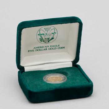 GULDMYNT, 23 k guld, 5 dollar, USA, 1989. Vikt ca 3,3g.