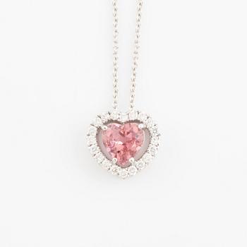 Heart shaped pink tourmaline and brilliant cut diamond necklace.