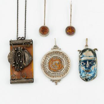 Lars Arrhenius, three pendants and a pair of earrings, sterling silver and enamel, Gothenburg, among others, 1969 and 1972.
