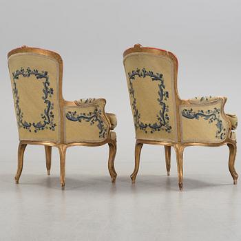 A Rococo 18th century bergere. One later, very similar, bergere included.