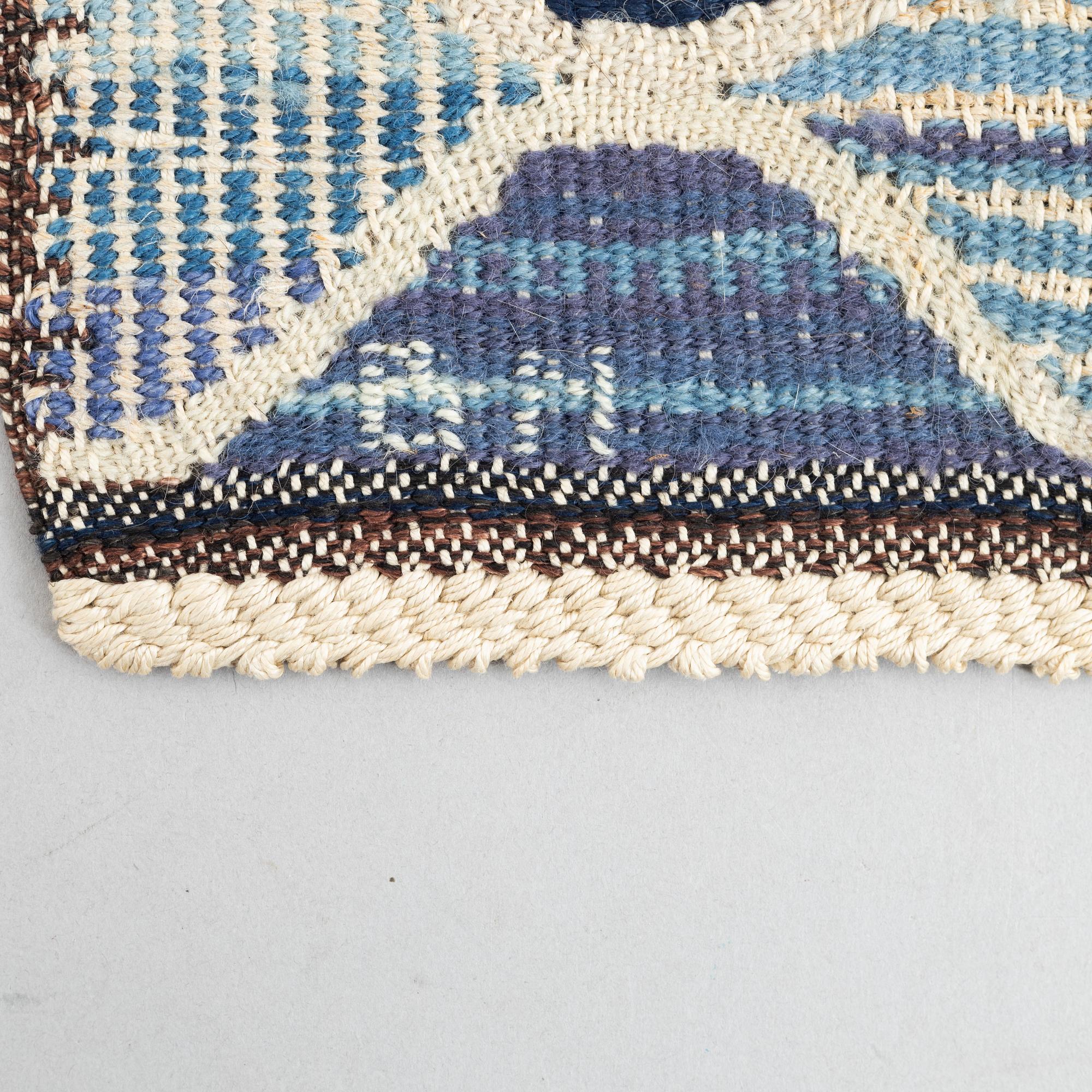 Barbro Nilsson, textile, "Blåspättan", tapestry variant, approx. 31 x 28 cm, signed BN (Barbro Nilsson, AB MMF).