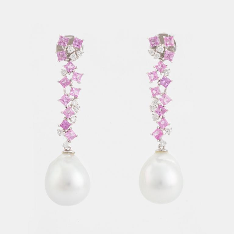 South sea pearl, pink sapphire and diamond earrings.