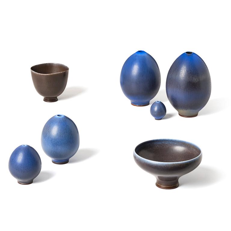 Berndt Friberg, a set of 5 vases and 2 bowls, Gustavsberg Studio, Sweden, 1956-67.