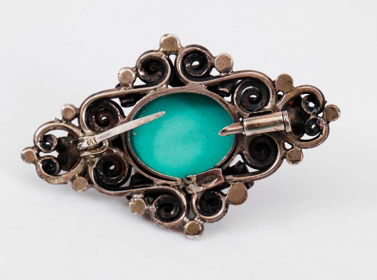 COLLIER och BROSCH, silver och turkoser.