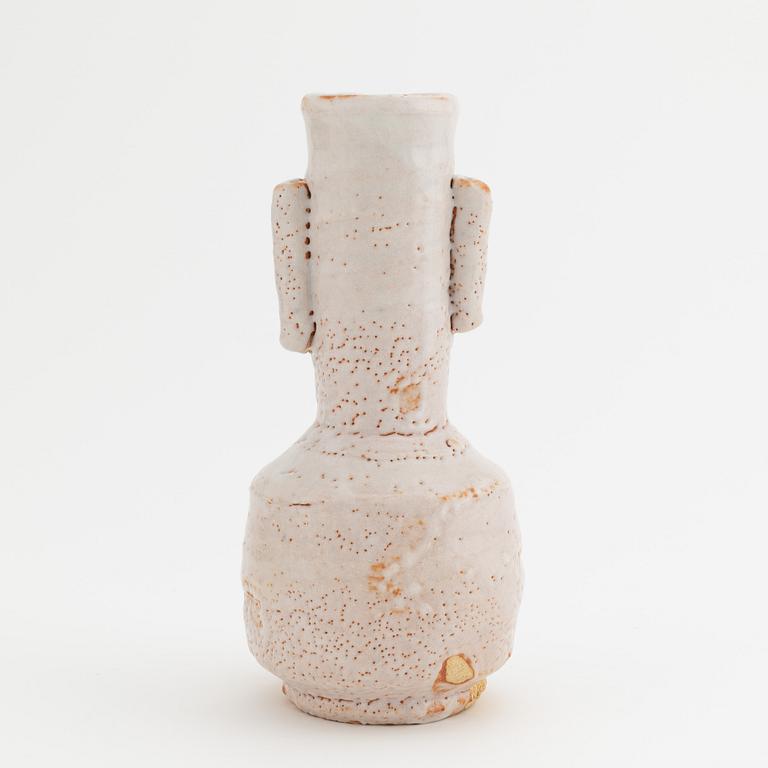 A Japanese 'Mino/Shino ware' Shino type vase with tubular handles, presumably mid 20th Century.