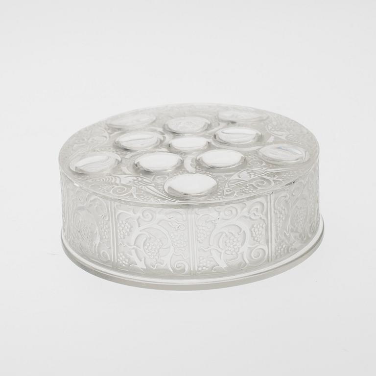 ASK MED LOCK, glas, "Faisans et cabochons" signerad Lalique, Frankrike.