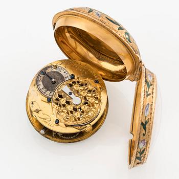 A 20k gold and enamel pocket watch by J-B Dutertre, the case by F. Bergs, Stockholm 1754.