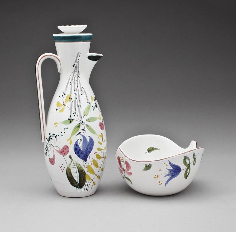 KANNA SAMT SKÅL, fajans, Stig Lindberg, Gustavsberg, 1900-talets mitt.