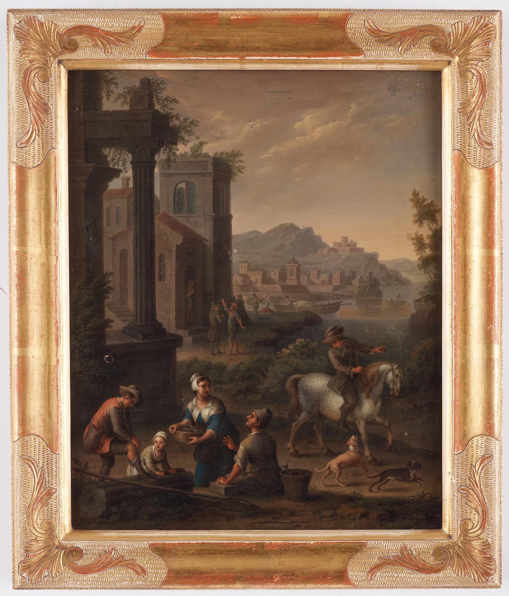 Dutch master, 18Th Century, Landscape with figures and buildings.