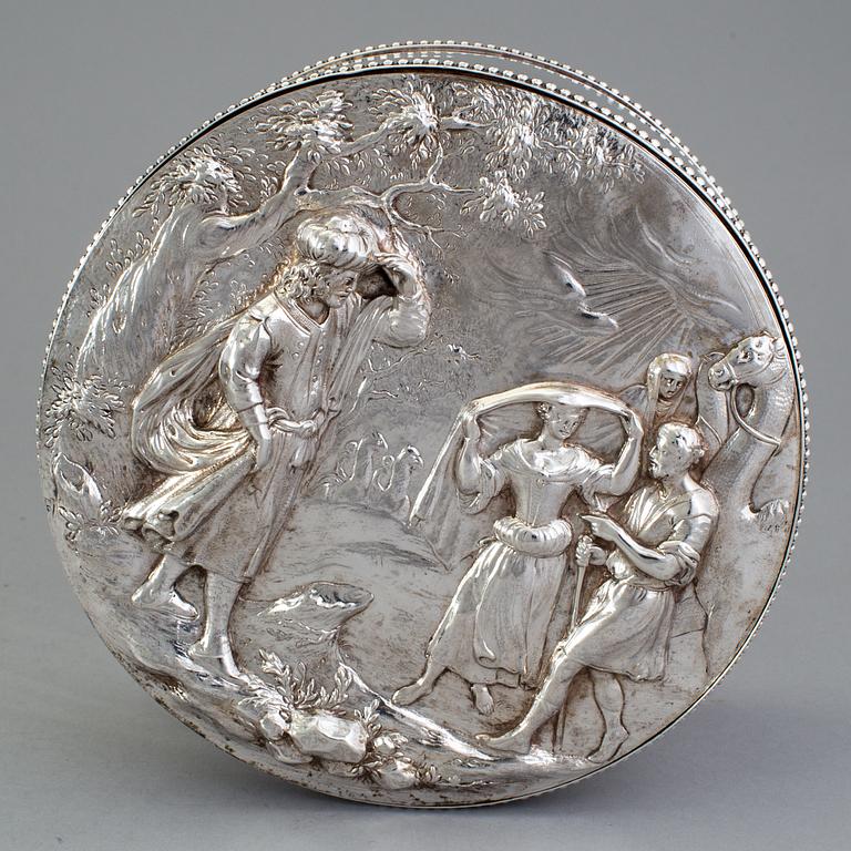 A Swedish 17th century silver plaquette, unmarked, on box marked Gustaf Henrik Sidwall, Norrkoping 1793.