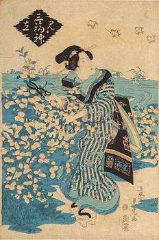 KITAGAWA UTAMARO, samt KATSUKAWA SHUNSHO, efter. Färgträsnitt, två stycken. Japan, sent 1800-tal/tidigt 1900-tal.