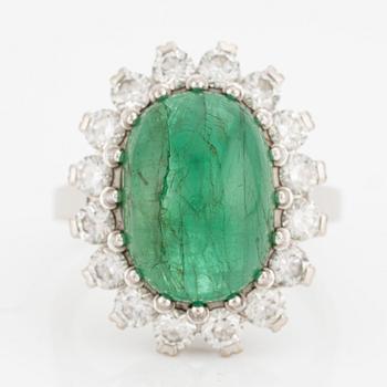 Ring, Jarl Sandin, 18K white gold with cabochon-cut emerald and brilliant-cut diamonds.