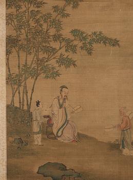 A Chinese scroll painting, ink and colour on silk laid on paper, Qing dynasty, probably 18th Century.