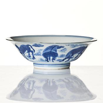 A blue and white Kung Mu bowl, 17th century with a Jiajing mark.