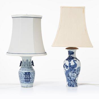 A set of two blue and white Chinese vases made in to lamps, late Qing dynasty, circa 1900.