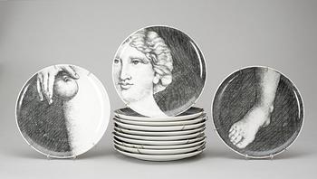 A set of twelve Fornasetti 'Eva' porcelain plates, Milano, Italy.