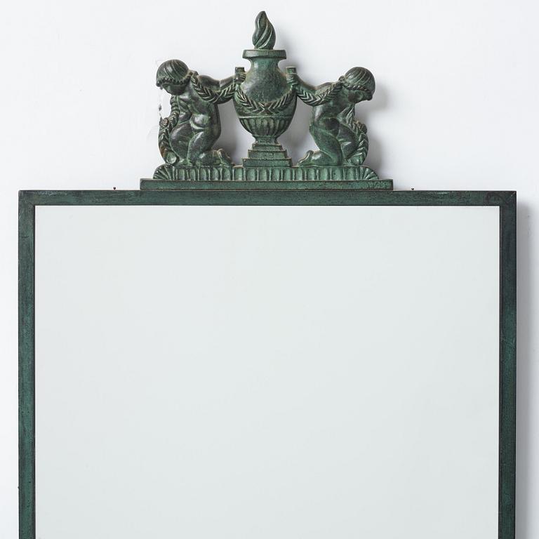 Oscar Antonsson, a Swedish Grace green patinated bronze framed mirror, Ystad Brons, Sweden 1920s.