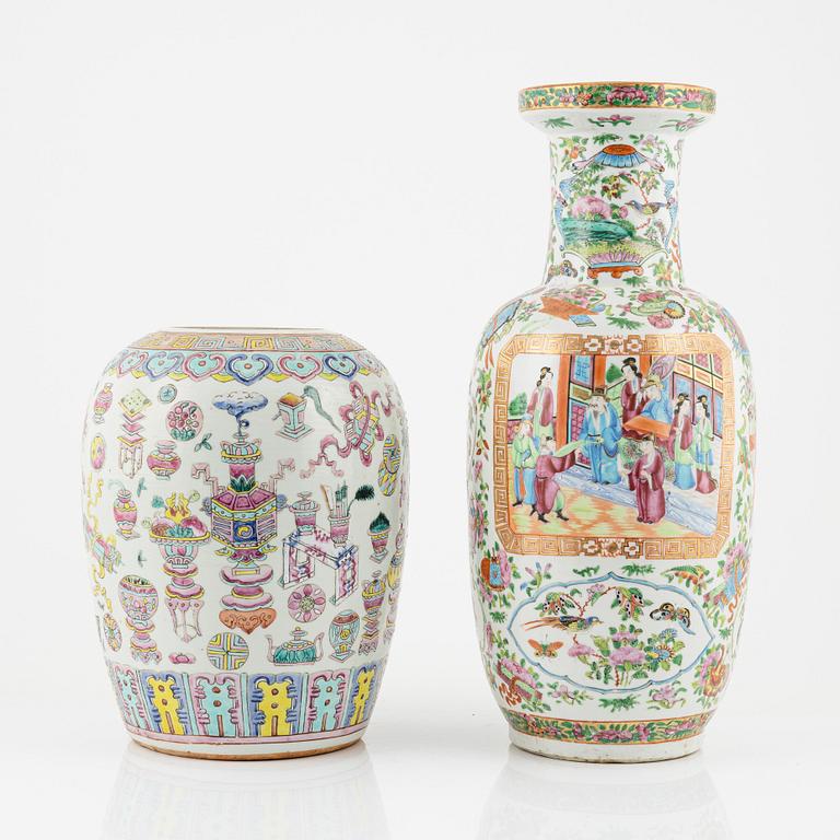 A famille rose porcelain vase, Kanton, and a porcelain urn, China, end of the 19th century.