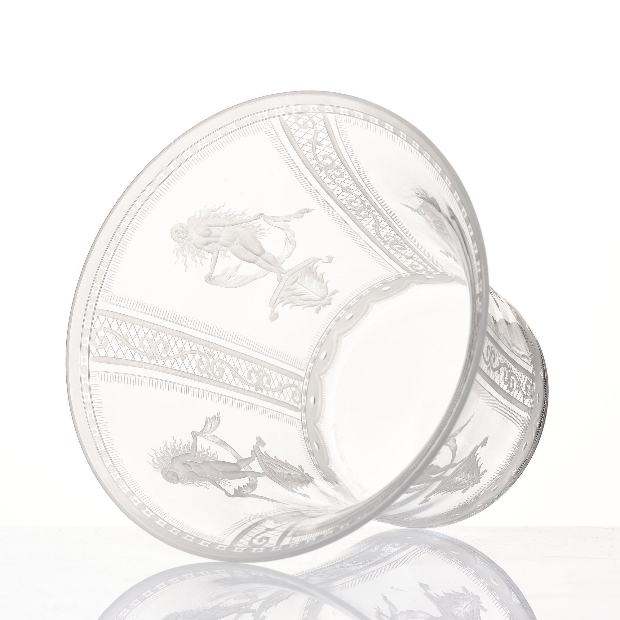 Simon Gate, an glass bowl with plate, Orrefors 1924, engraved by Karl Müller.