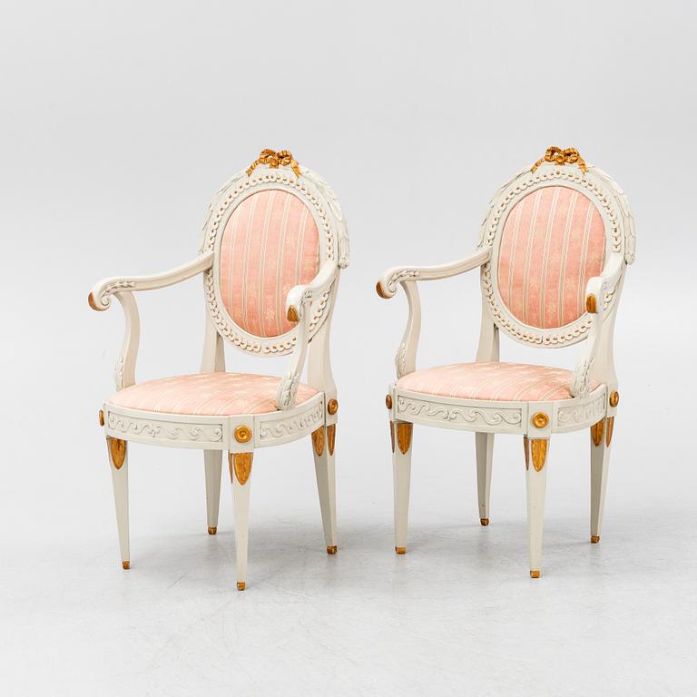 A pair of Gustavian armchiars, 19th century.