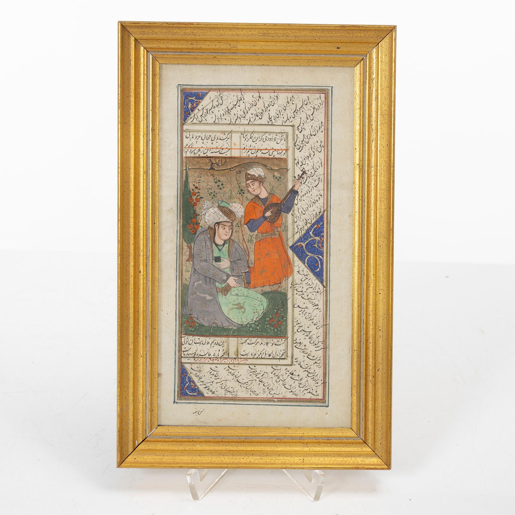 Manuskriptsidor/målningar, tre stycken, Persien/Iran, sen Qajardynasti / 1900-talets första del.