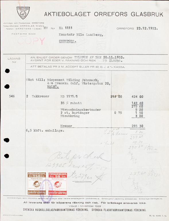 TAKLAMPA, enligt inköpskvitto Nils Landberg, Orrefors, 1953.