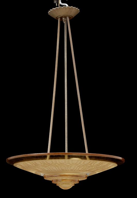 A yellow glass Art Déco hanging lamp, by H Petitot, France.
