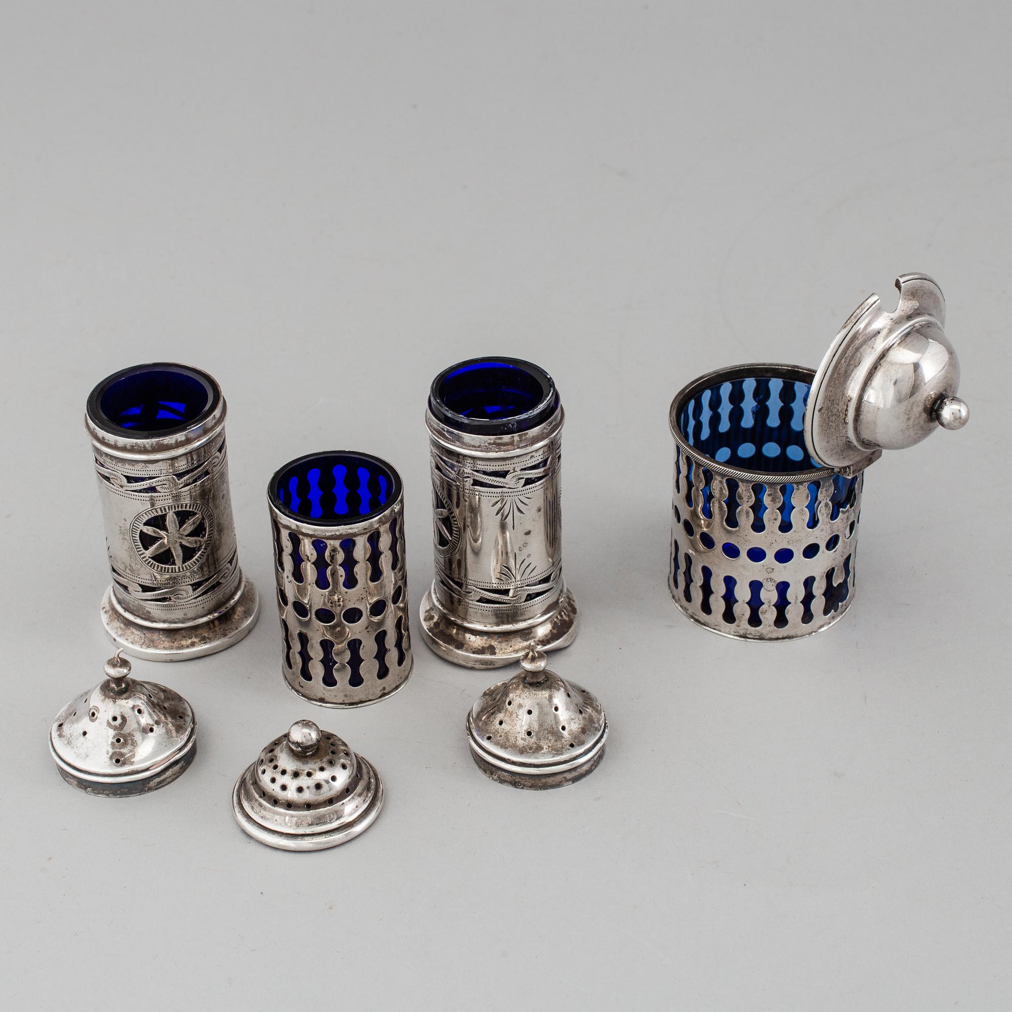 A set of three 20th century silver spice casters and a mustard jar, Denmark / England. Silver weight ca 152 g.