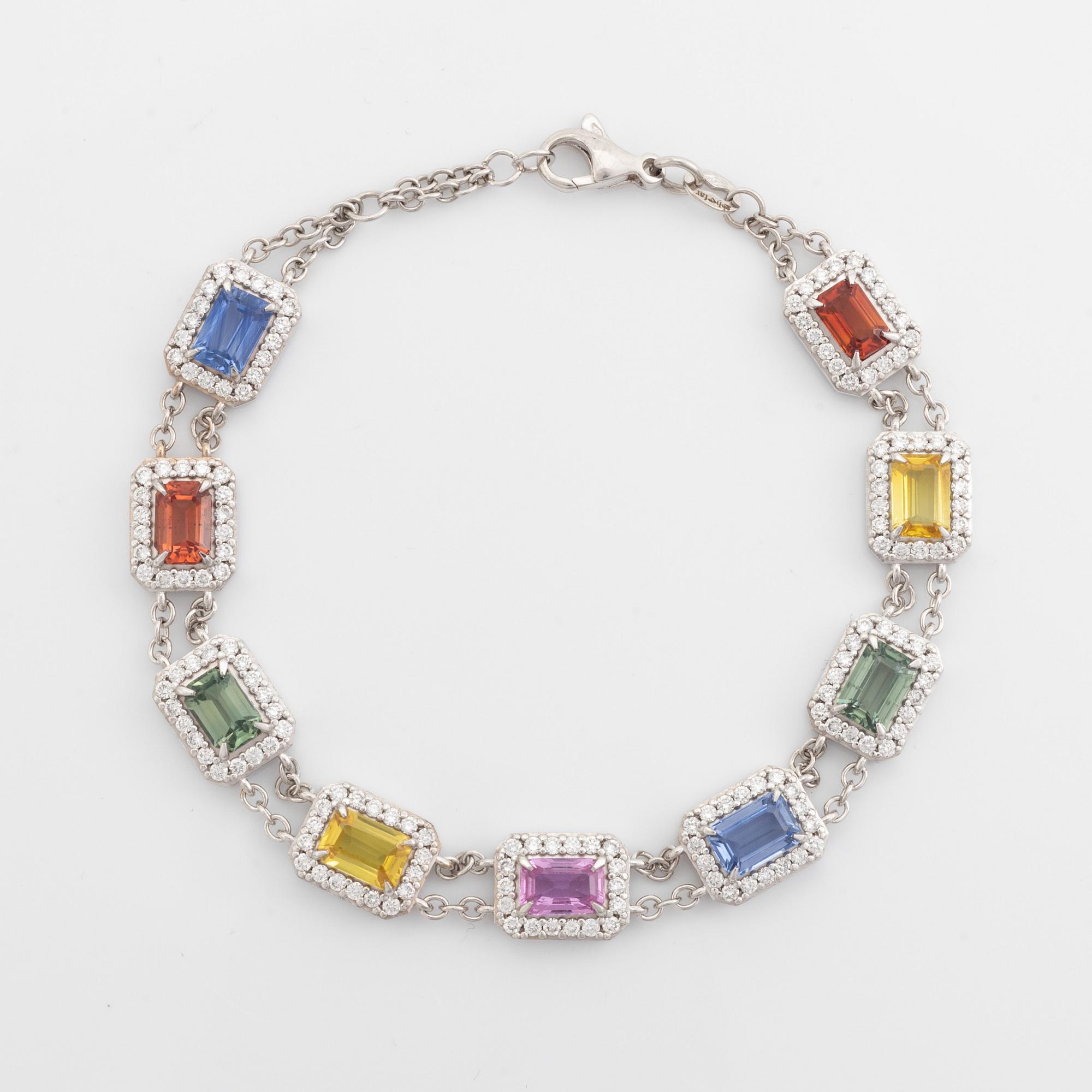 Multi coloured sapphire and brilliant cut diamond bracelet.