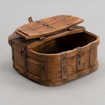 A PROVINCIAL 19TH CENTURY WOODEN BOX WITH IRON FITTINGS.