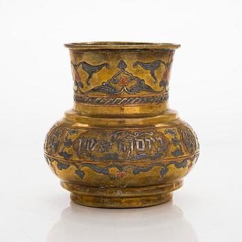 A Judaica vase in brass, copper and silver. Cairo ware with hebrew text. Egypt/Syria, turn of the 19th/20th century.
