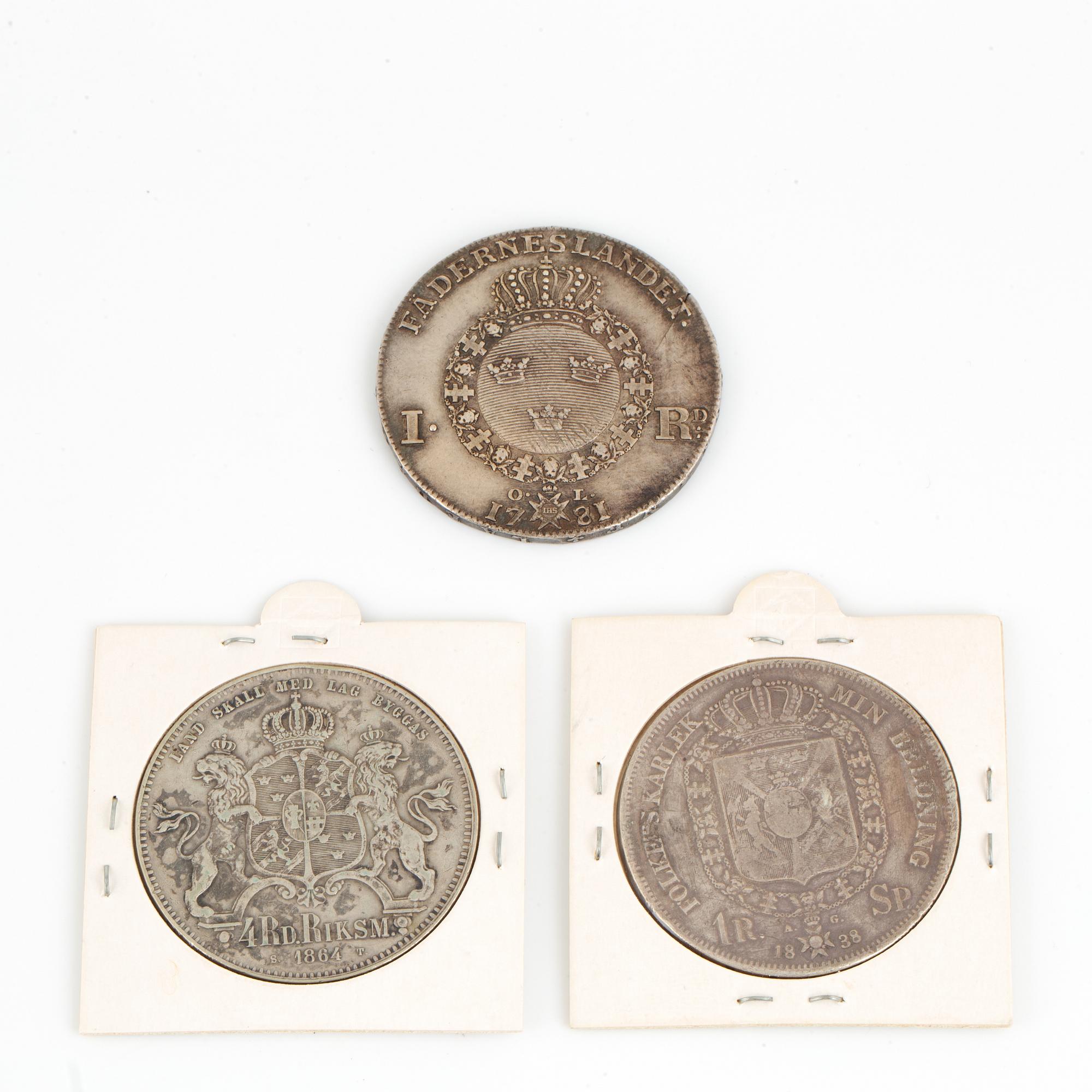 3 silver coins, Karl XIV JOHAN, GUSTAV III, KARL XV.