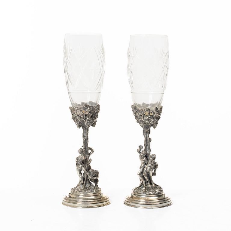 Champagne glasses, a pair, silver and glass, 20th century.