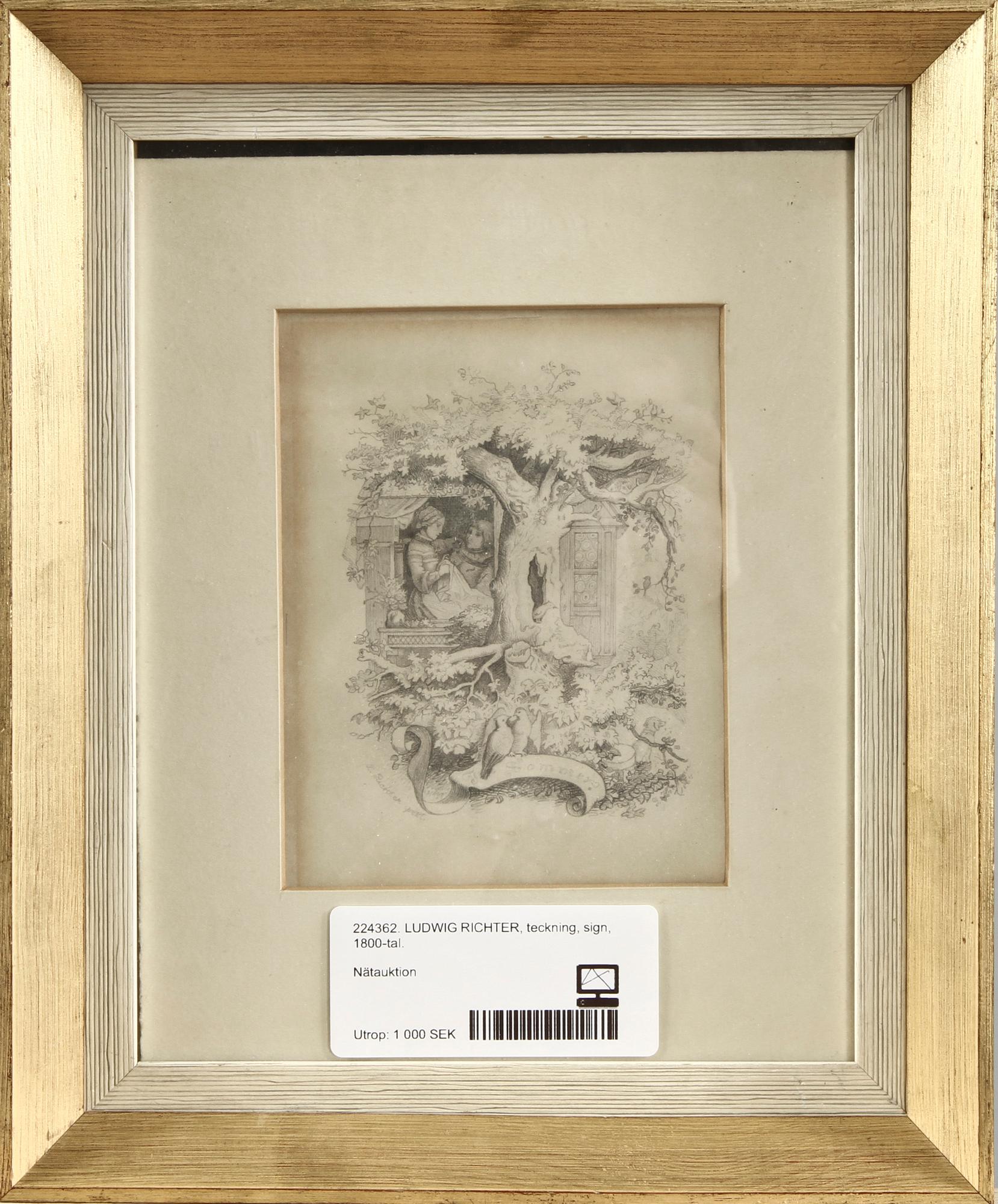 (klart) LUDWIG RICHTER, teckning, sign, 1800-tal.