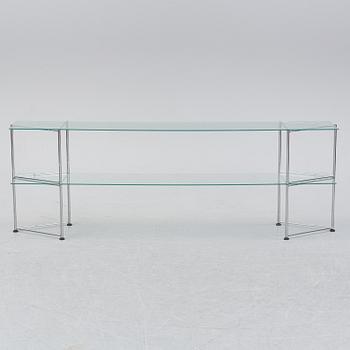 A late 20th century glass and metal shelf / sideboard.